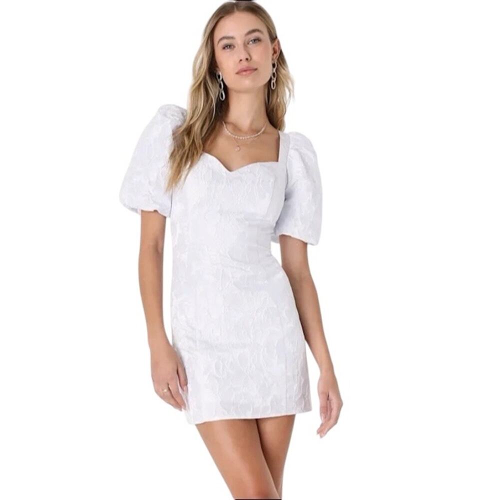 NWT Lulus Beyond Amazing White Floral Jacquard Puff Sleeve Mini Dress Size Large